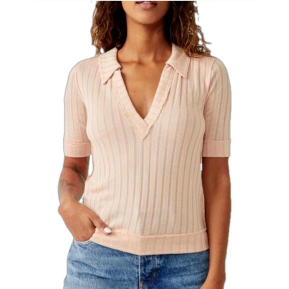 Free People We The Free Peach Krystal Ribbed Elbow Sleeve Collared Polo Shirt S - Picture 1 of 12